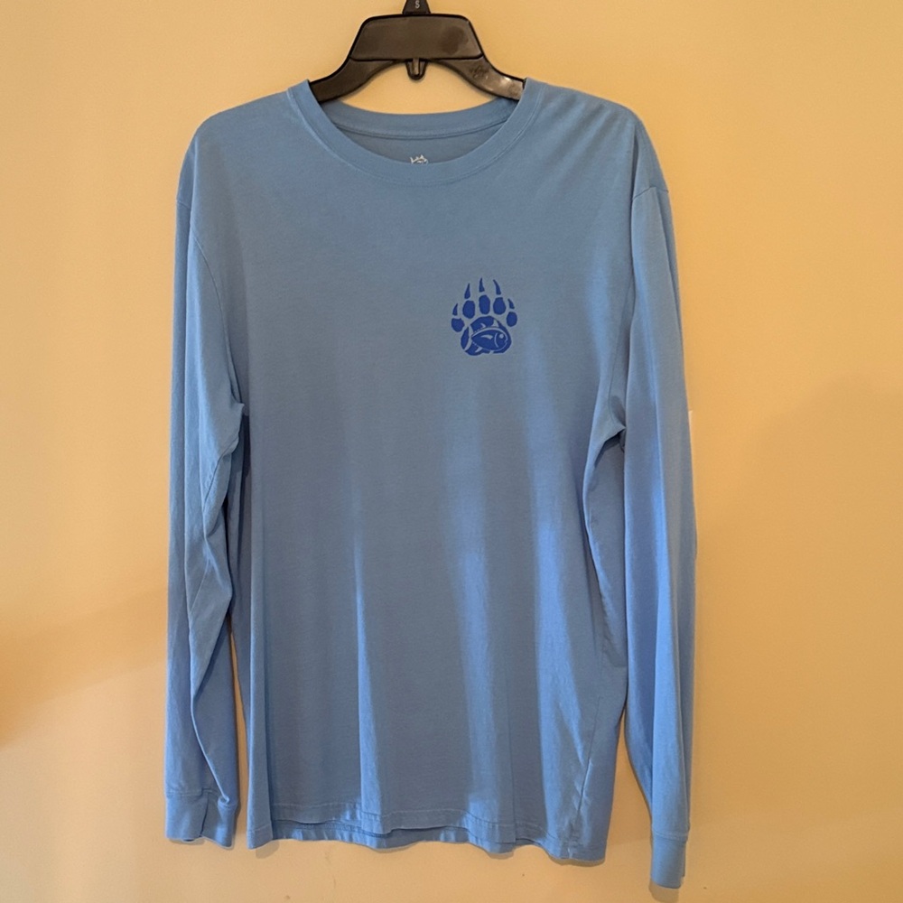 Southern Tide Blue Long Sleeve Men's Shirt with front bear claw, bear on back